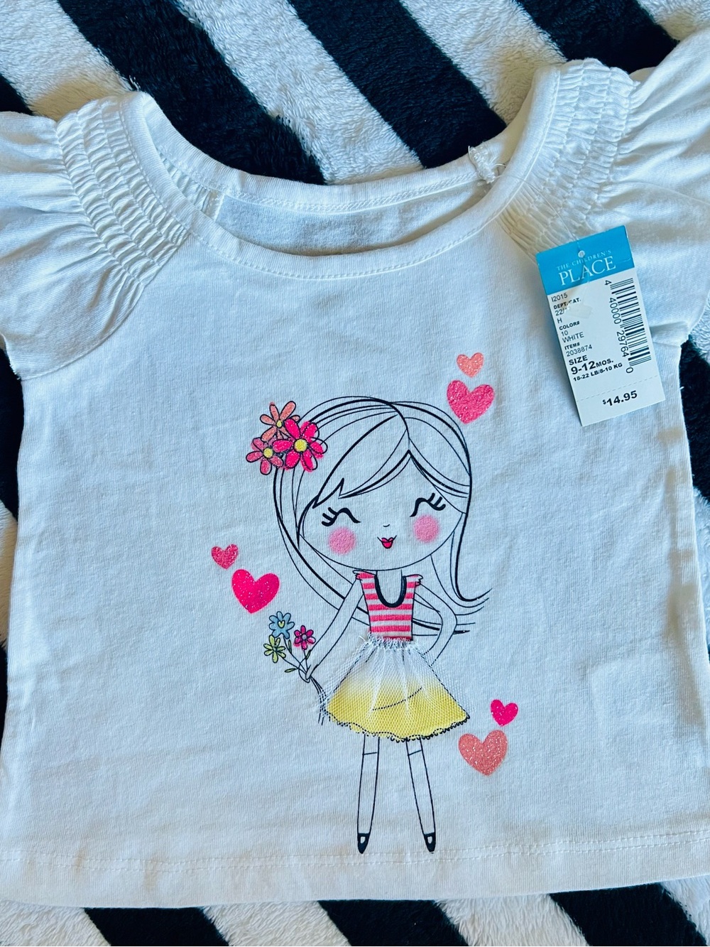The Children's Place White Tee with Pink Hearts and Yellow Skirt Graphic